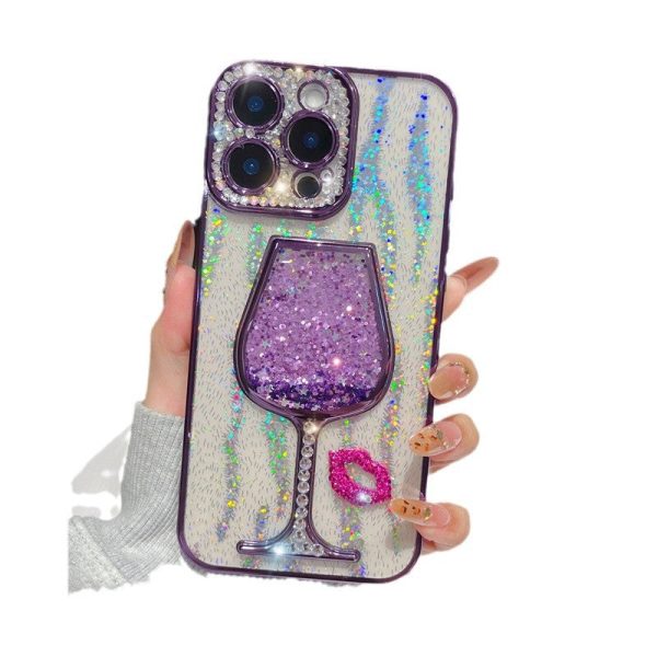 【3-3】Suitable for Apple 16promax phone case 15 electroplating Feather Glitter Quicksand Wine Glasses drop-proof 14 13plus phone case, fashionable Discount