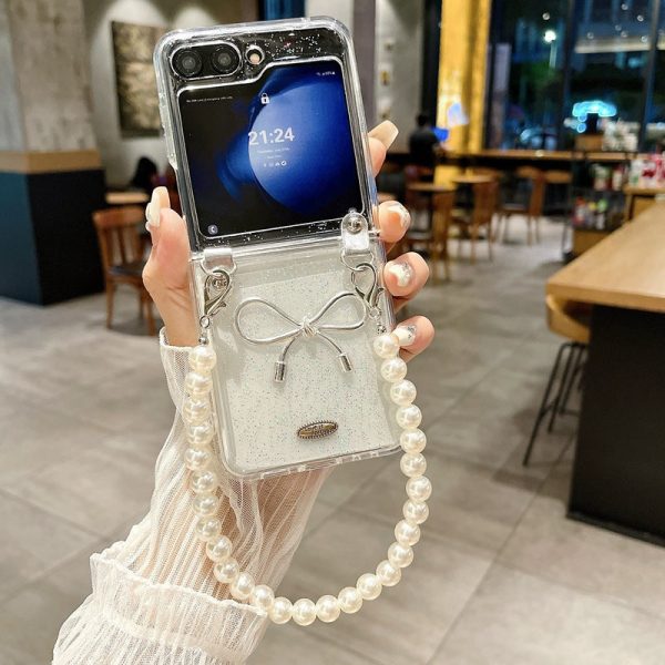 [4-3]Suitable for samsung zflip6 folding phone case pearl chain ZFLIIP3 4 transparent three-dimensional dripping bow case For Sale