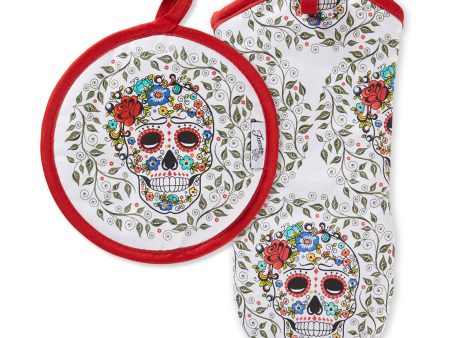 SKULL AND VINE SUGAR Oven Mitt & Pot Holder Set Discount