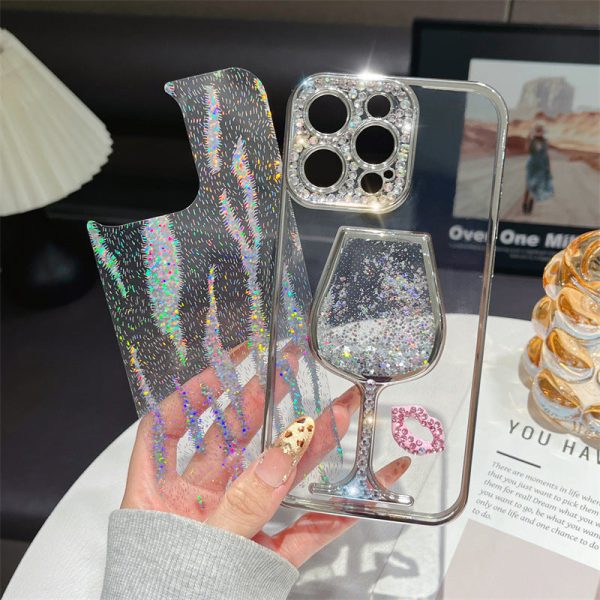 【3-3】Suitable for Apple 16promax phone case 15 electroplating Feather Glitter Quicksand Wine Glasses drop-proof 14 13plus phone case, fashionable Discount