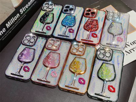 【3-3】Suitable for Apple 16promax phone case 15 electroplating Feather Glitter Quicksand Wine Glasses drop-proof 14 13plus phone case, fashionable Discount